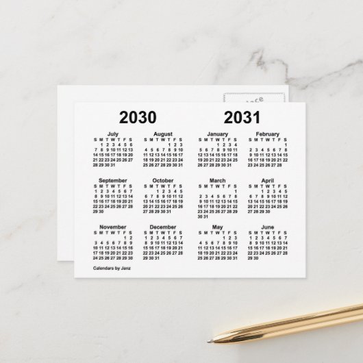 Carte Postale Calendrier de l'année scolaire blanche 2030-2031 p (Devant/Arrière en situation)