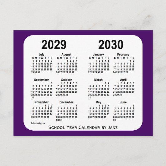 Carte Postale Calendrier de l'année scolaire Purple Mini 2029-20 (Devant)
