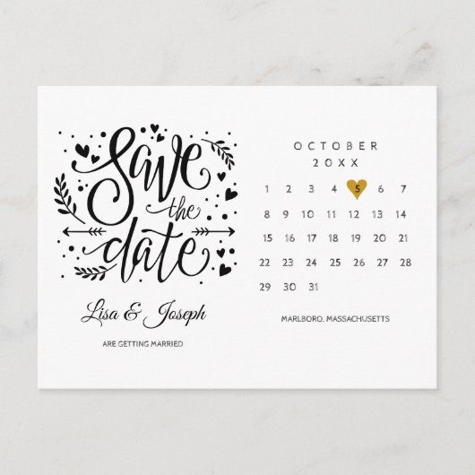 Carte Postale Calendrier Gold Heart Enregistrer la date (Devant)