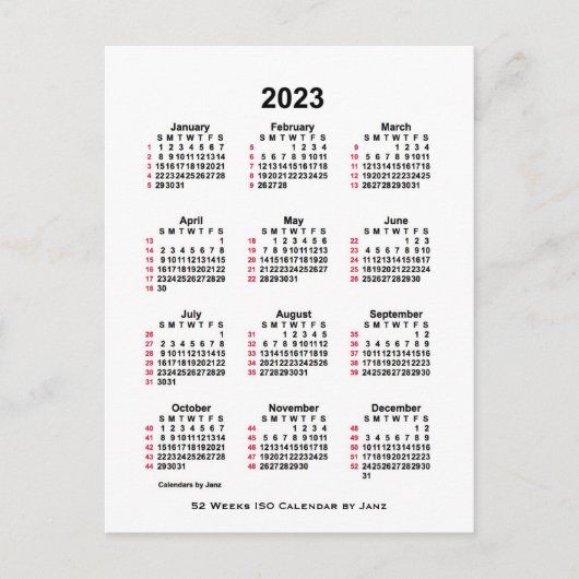 Carte Postale Calendrier ISO 2023 blanc sur 52 semaines par Janz (Devant)