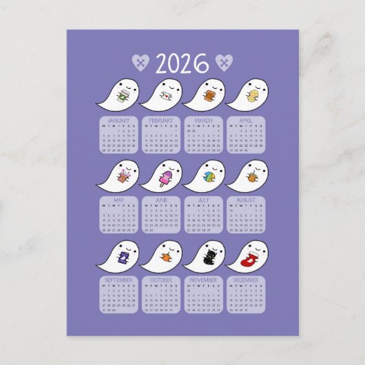 Carte Postale Calendrier Kawaii Halloween Ghosts 2026 (Devant)