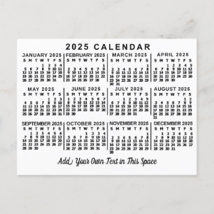 Carte Postale Calendrier mensuel 2025 Classic Blanc et Noir