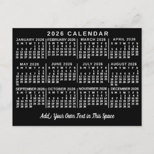 Carte Postale Calendrier mensuel 2026 Classique Noir et Blanc