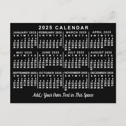 Carte Postale Calendrier mensuel de l'année 2025 Classique Noir (Devant)