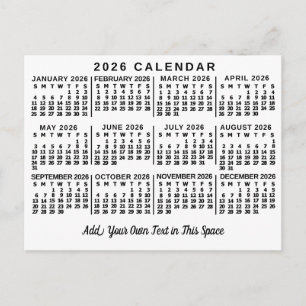 Carte Postale Calendrier mensuel de l'année 2026 blanc et noir c