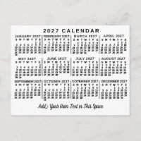 Calendrier mensuel de l'année 2027 blanc et noir c