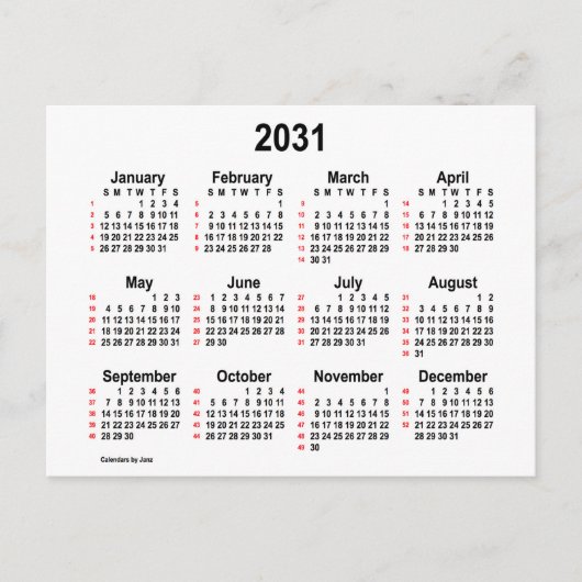 Carte Postale Calendrier mini 52 semaines 2031 Blanc de Janz (Devant)