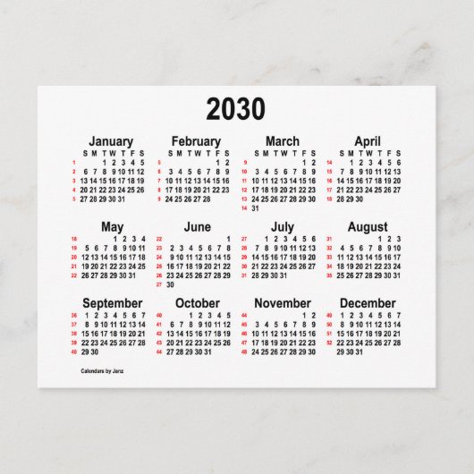 Carte Postale Calendrier mini 52 semaines blanc 2030 de Janz (Devant)