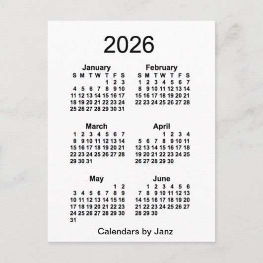 Carte Postale Calendrier mini de 6 mois blanc 2026 par Janz (Devant)
