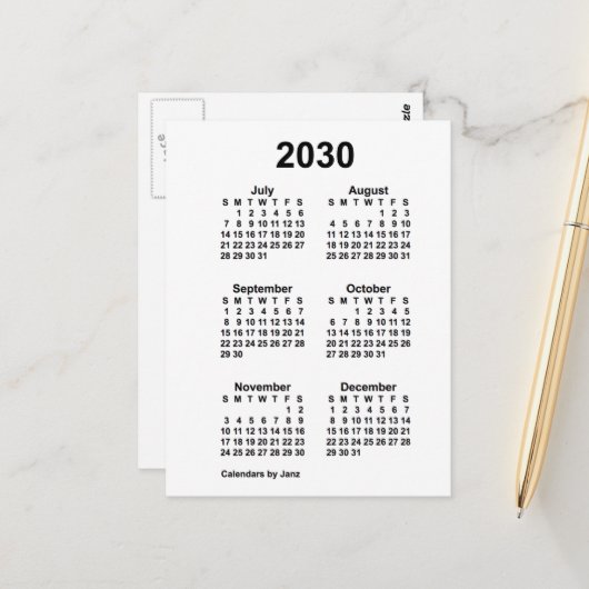 Carte Postale Calendrier mini de 6 mois blanc 2030 de Janz (Devant/Arrière en situation)
