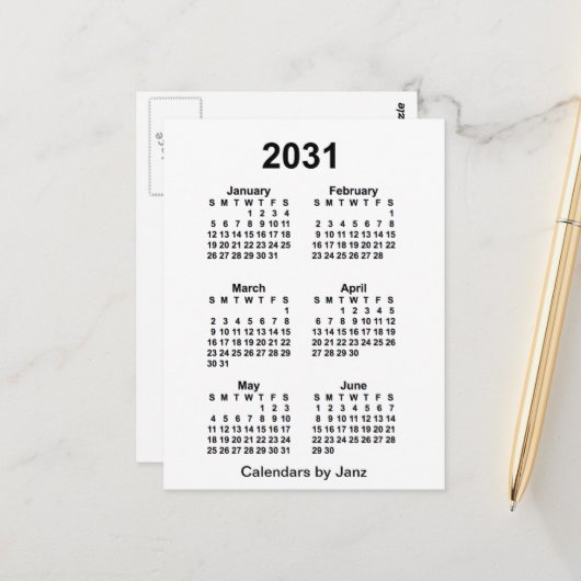 Carte Postale Calendrier mini de 6 mois de 2031 blanc par Janz (Devant/Arrière en situation)