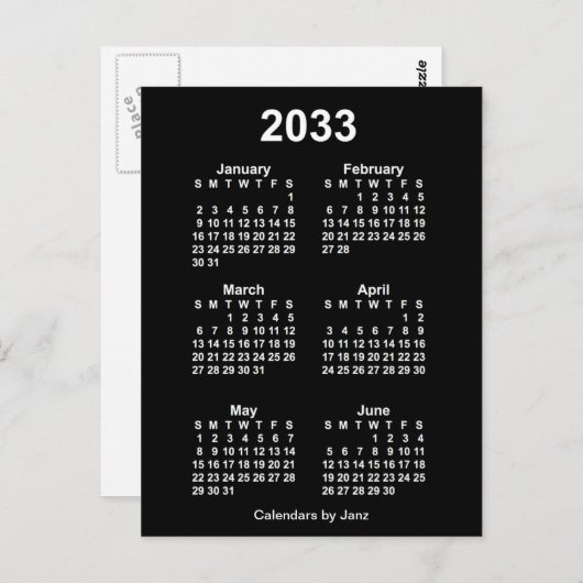 Carte Postale Calendrier Mini de 6 Mois Neon Blanc 2033 par Janz (Devant / Derrière)
