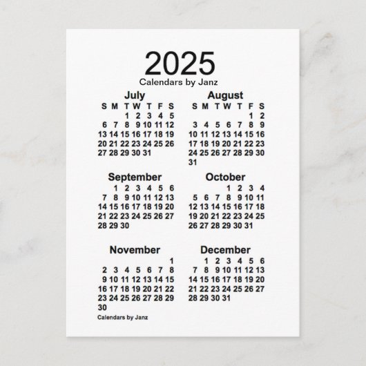 Carte Postale Calendrier mini format 6 mois blanc 2025 de Janz (Devant)