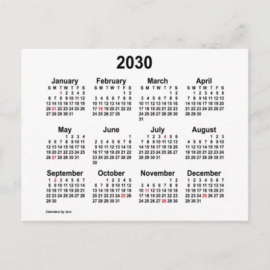 Carte Postale Calendrier miniature de vacances blanc 2030 de Jan (Devant)