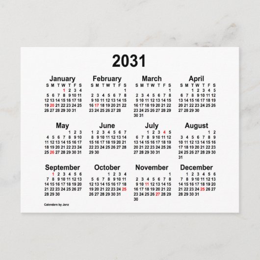 Carte Postale Calendrier miniature de vacances blanc 2031 de Jan (Devant)
