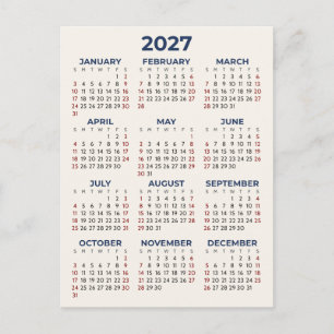 Carte Postale Calendrier Minimal Simple De Base 2027 Vos Couleur