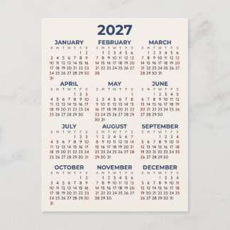 Carte Postale Calendrier Minimal Simple De Base 2027 Vos Couleur
