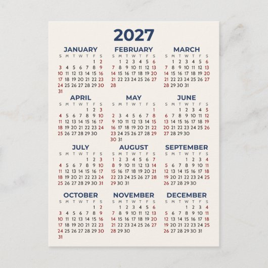Carte Postale Calendrier Minimal Simple De Base 2027 Vos Couleur (Devant)
