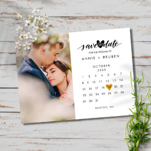 Carte Postale Calendrier Photo de Date de Mariage en Or Cœur Amo