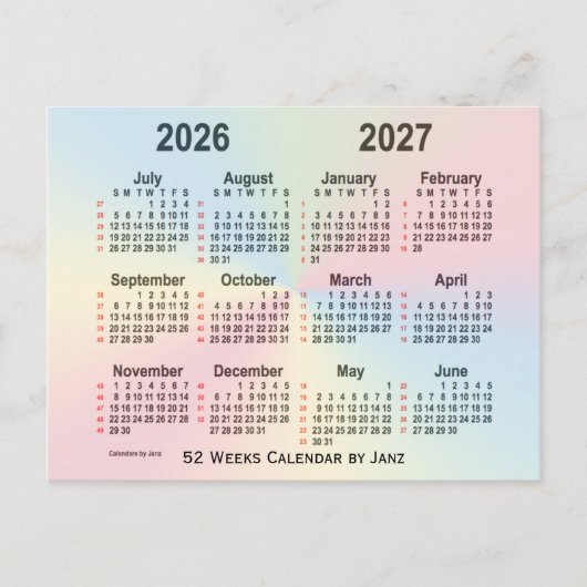 Carte Postale Calendrier Rainbow 52 semaines 2026-2027 par Janz (Devant)