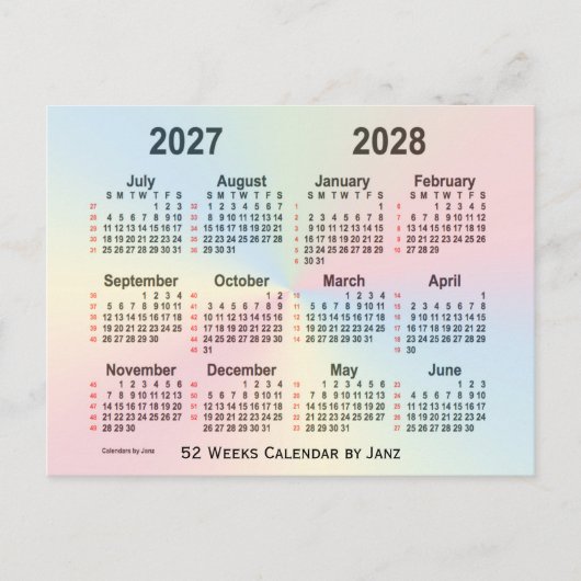 Carte Postale Calendrier Rainbow 52 semaines 2027-2028 par Janz (Devant)