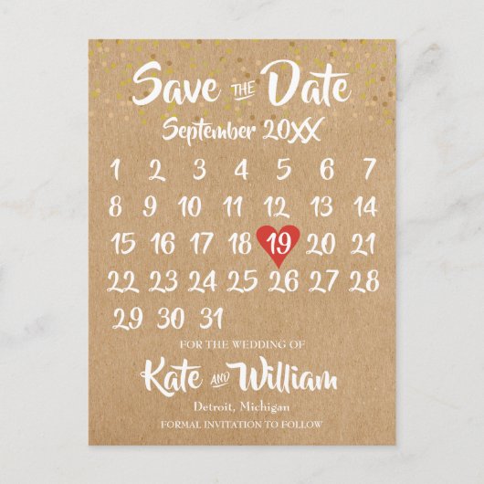 Carte Postale Calendrier Rustique Kraft Red Heart Enregistrer la (Devant)