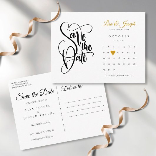 Carte Postale Calendrier Script Gold Heart Enregistrer la date C