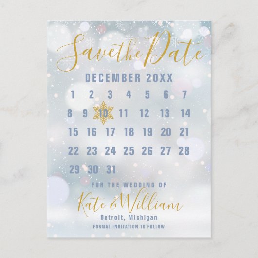 Carte Postale Calendrier Winter Snowflakes Enregistrer la date C (Devant)