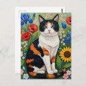 Carte Postale Calico Chat et Fleurs de soleil d'art populaire (Devant / Derrière)
