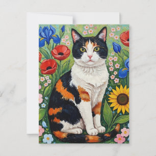 Carte Postale Calico Chat et Fleurs de soleil d'art populaire