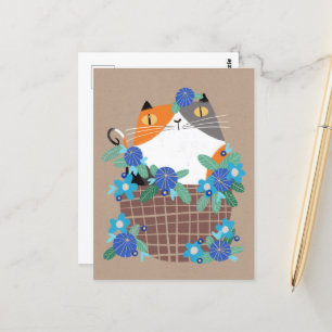 Carte Postale Calico chat & fleurs