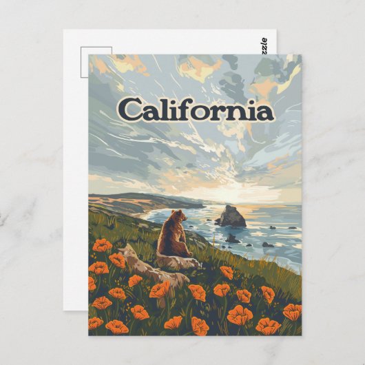 Carte Postale Californie Bear Poppies Fleurs Côte Retro (Devant / Derrière)
