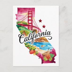 Carte Postale Californie États-Unis État Forme Vintage Aquarelle