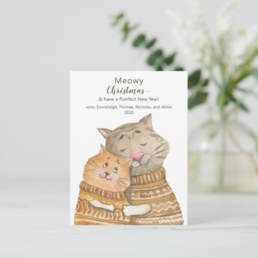 Carte Postale Câlins de chat Noël miaule & Nouvel An parfait (Debout devant)