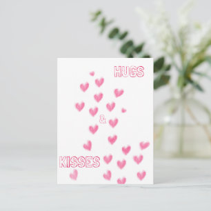 Carte Postale CALINS ET BISOUS - Jolis cœurs aquarelle rose