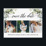 Carte Postale Calligraphie 3 Photo Verdure Enregistrer La Date<br><div class="desc">Calligraphie moderne Script Elégant Aquarelle Verdure 3 Photo Enregistrer la date Fiançailles Faire-part Mariage La carte postale comprend des feuilles d'eucalyptus,  le feuillage botanique vert,  des feuilles bleus poussiéreux et d'autres belles verdure botanique.</div>