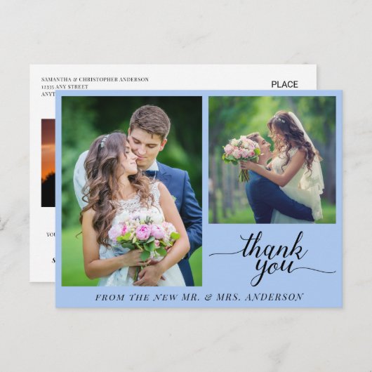 Carte Postale Calligraphie 3 Photos Mariage Merci Bleu clair (Devant / Derrière)