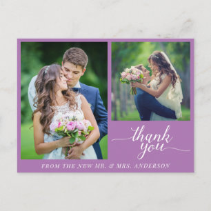 Carte Postale Calligraphie 3 Photos Mariage Merci violet