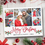 Carte Postale Calligraphie amusante Red Holly 5 Photo Couple Noë<br><div class="desc">Calligraphie moderne Script 5 Photo Couple Photo Collage Joyeux Noël Carte postale inclut Watercolor Christmas Holly Berries - Script rouge</div>