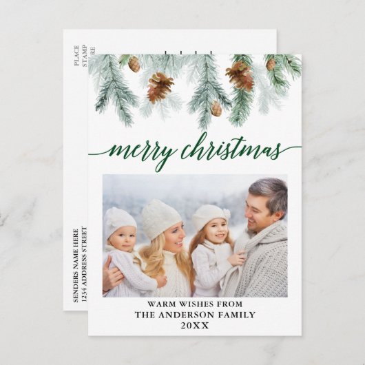 Carte Postale Calligraphie Aquarelle Pine Cônes Vert Noël (Devant / Derrière)