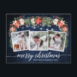 Carte Postale Calligraphie Bleu Bois 3 Photo Aquarelle Florale<br><div class="desc">Script de calligraphie moderne,  Aquarelle Florale d'hiver,  Lumières à cordes Couple 3 Photo Joyeux Noël La carte postale comprend des poinsettias rouges d'aquarelle,  des roses blanches,  des baies sèches,  des cônes de pin et des feuilles de verdure botanique. Bois bleu rustique.</div>