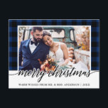Carte Postale Calligraphie bleu Plaid Mariage photo Noël<br><div class="desc">Calligraphie moderne Script bleu Plaid Mariage photo Noël Carte postale</div>