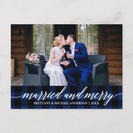 Carte Postale Calligraphie Blue Plaid marié et joyeux Mariage (Devant)
