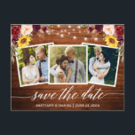 Carte Postale Calligraphie Bois Floral Bourgogne Enregistrer La<br><div class="desc">Script de calligraphie moderne,  Bois rustique et lumières à cordes,  Aquarelle Bourgogne Floral Enregistrer La Date Fiançailles Faire-part Couple 3 Photo Carte Postale. Roses de Bourgogne,  Roses roses roses,  Roses rouges,  Fleurs de soleil et verdure botanique.</div>