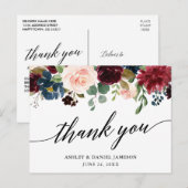 Carte Postale Calligraphie Bourgogne Bleu Floral Mariage Merci (Devant / Derrière)