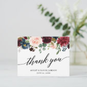 Carte Postale Calligraphie Bourgogne Bleu Floral Mariage Merci (Debout devant)