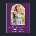 Carte Postale Calligraphie Casquette Arc moderne Purple Graduati<br><div class="desc">Cadre photo Arc moderne - Script de calligraphie tendance - Faire-part de graduation photo Carte postale - Violet - Casquette de graduation</div>
