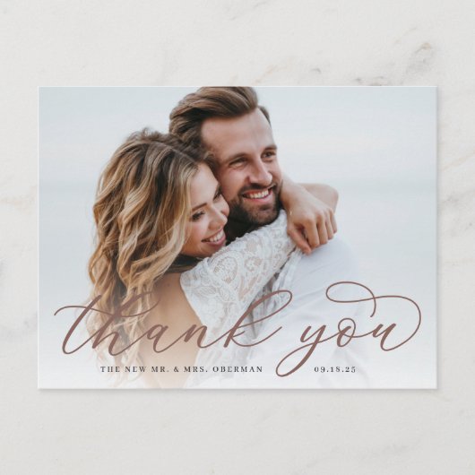 Carte Postale Calligraphie classique Script Mariage Photo Merci (Devant)