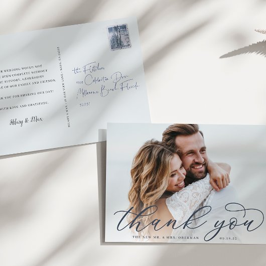 Carte Postale Calligraphie classique Script Mariage Photo Merci