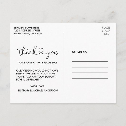 Carte Postale Calligraphie Coeur 4 Mariage photo Merci (Dos)